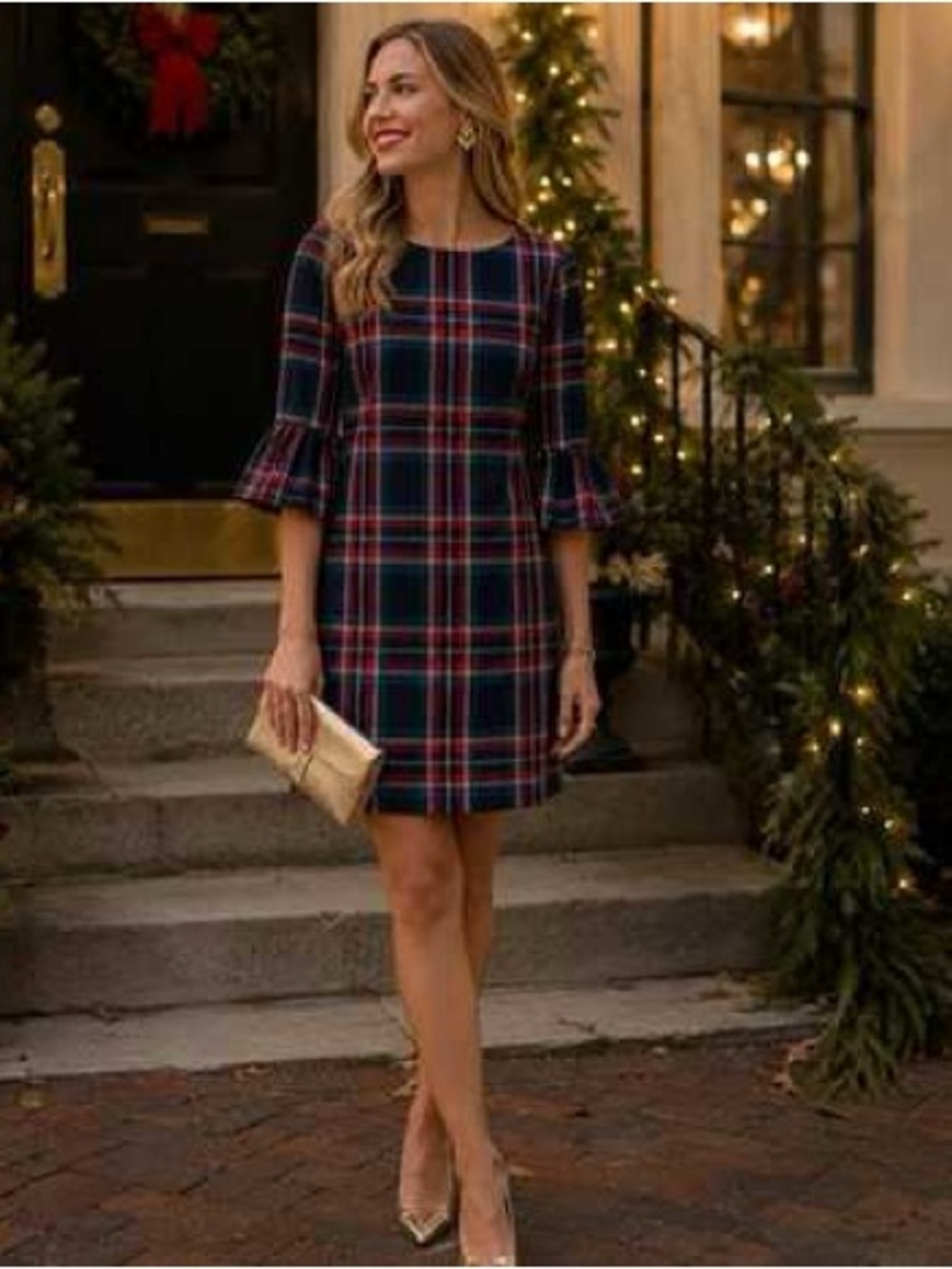 Vineyard Vines Navy Green and Red Plaid Ruffle-Sleeve Mini Dress